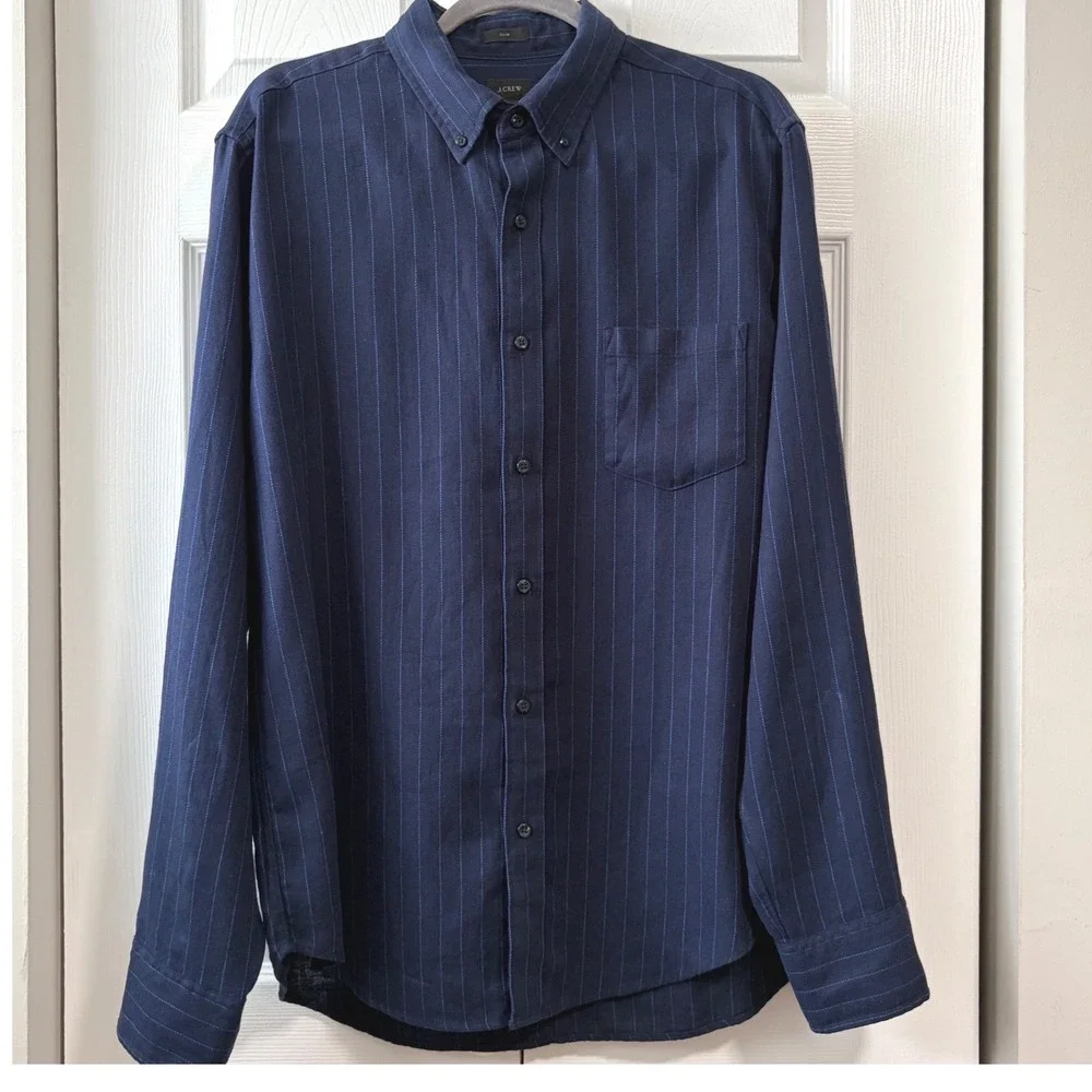 J.Crew Mens Navy Blue Pinstripe Linen Cotton Slim Fit Button Down Shirt Large